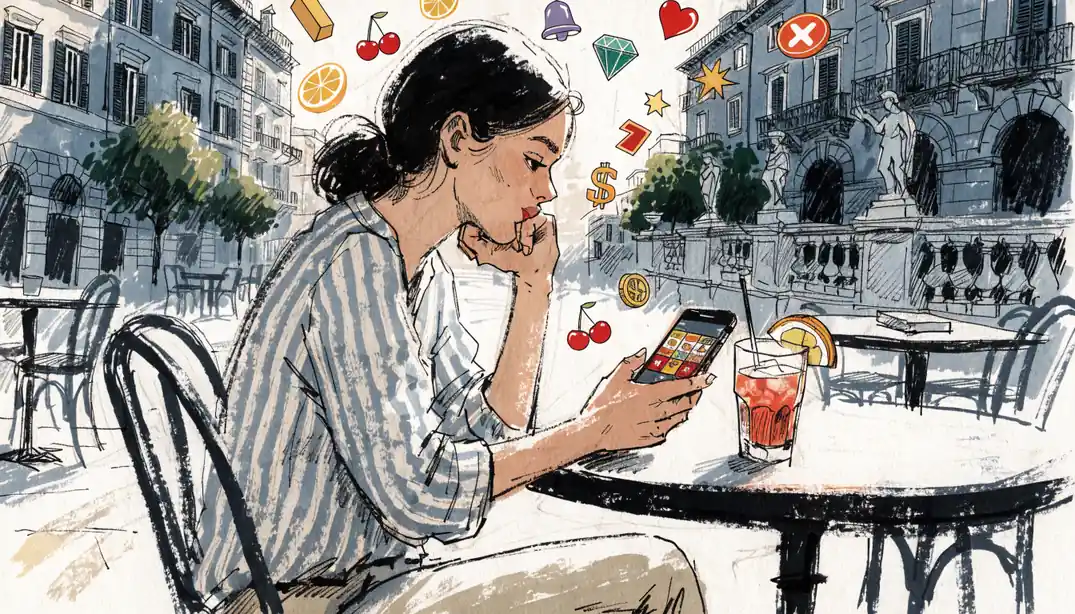 Donna giovane al caffè con simboli di slot fluttuanti
