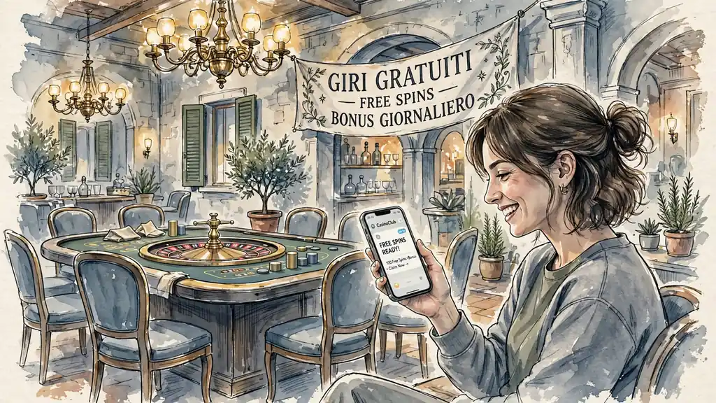 Lounge italiano con tavolo roulette e banner promozione giri gratuiti