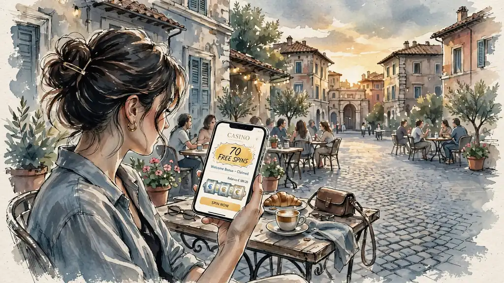 Donna giovane al caffè con smartphone e 70 giri gratis
