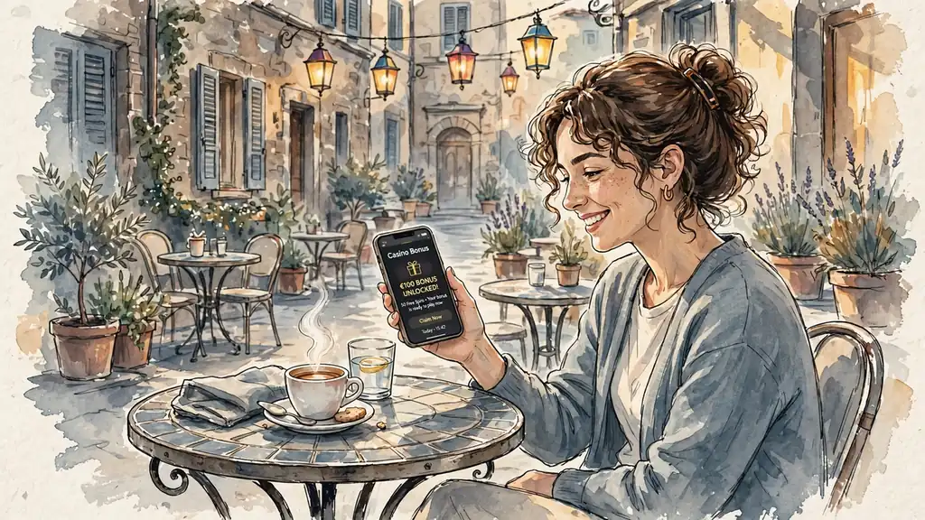 Donna felice al caffè con bonus casinò sul telefono
