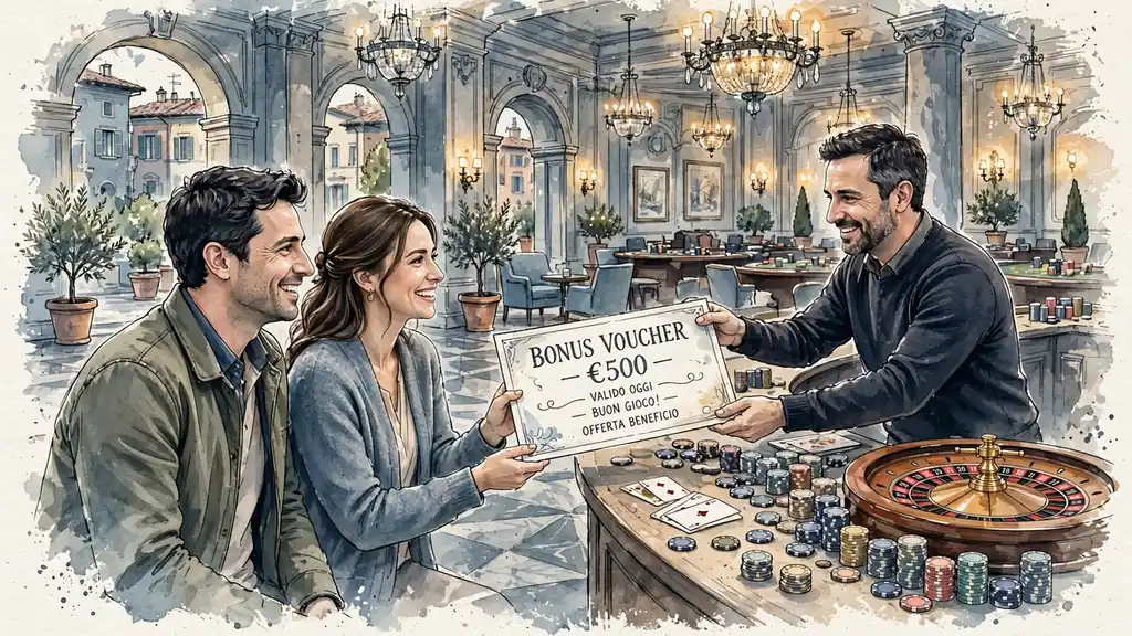 Coppia felice riceve bonus 300% in casinò italiano elegante
