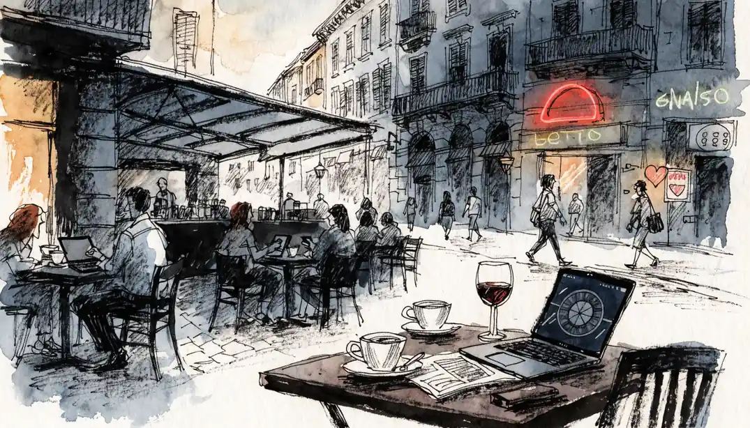Terrazza italiana al tramonto con laptop e atmosfera da casinò