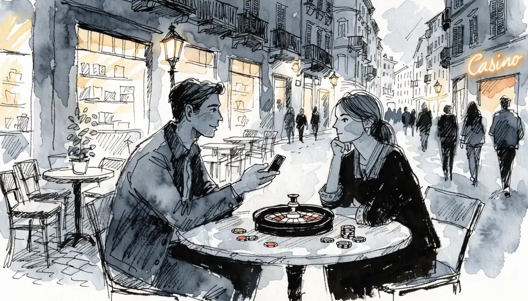 Café italiano al tramonto con roulette e fiches
