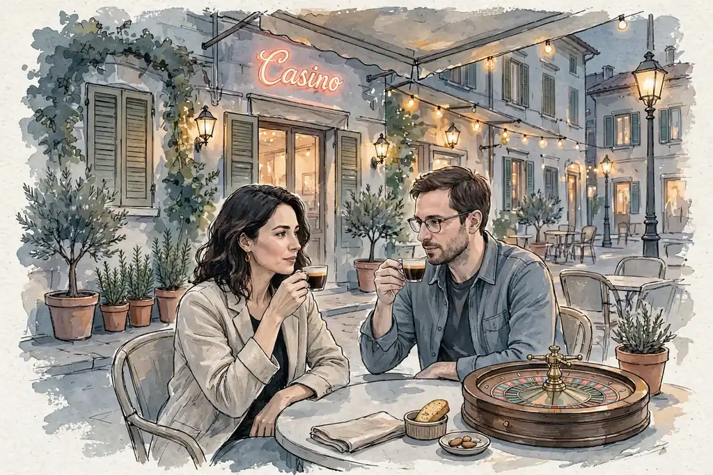 Café italiano al tramonto con ruota della roulette