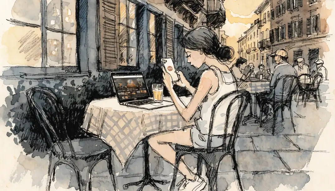 Donna italiana con iPhone e Apple Pay su terrazza al tramonto