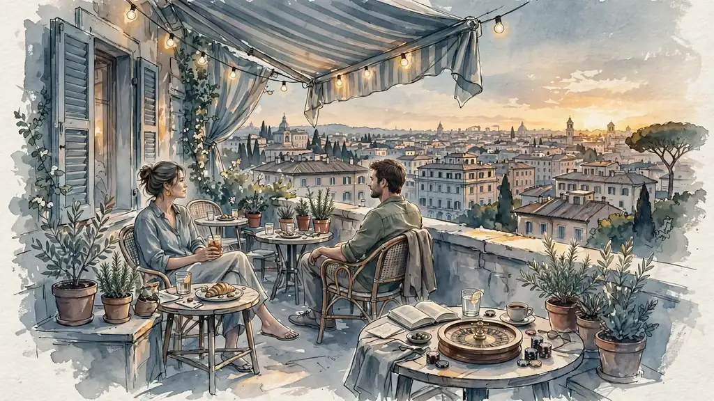 Terrazza italiana al tramonto con elementi da casinò