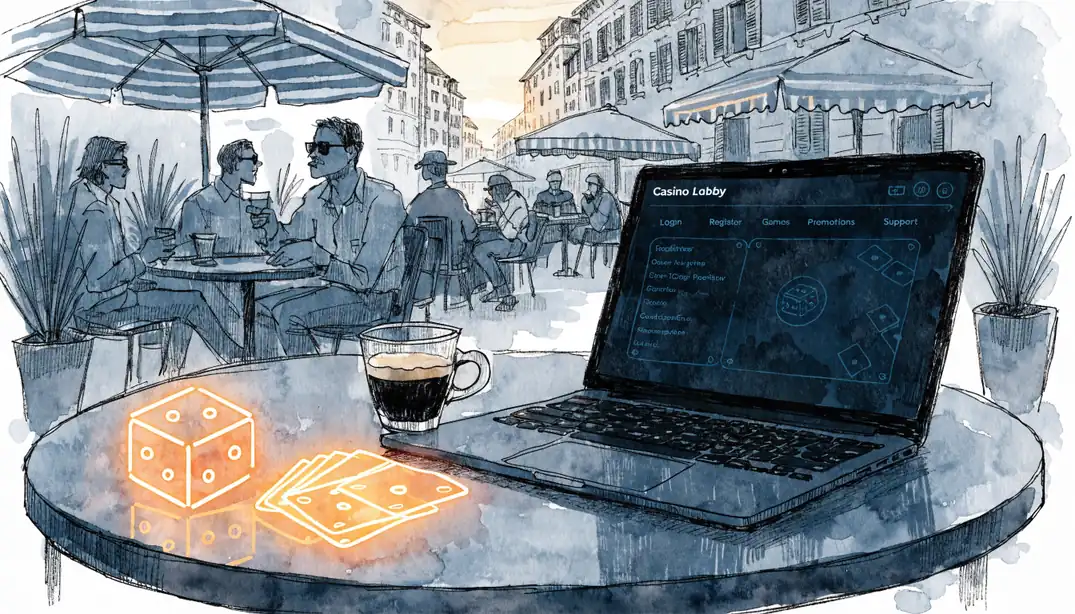 Terrassa italiana al tramonto con laptop e segni di casinò