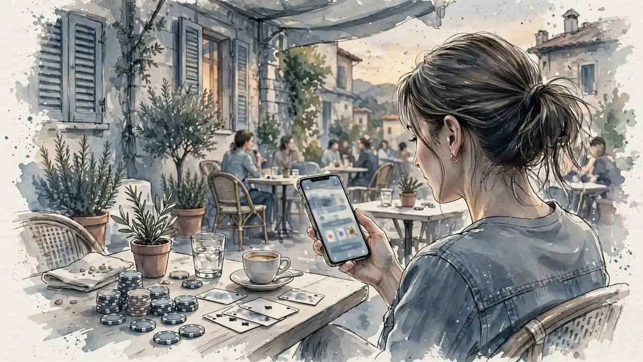 Donna italiana con smartphone e fiches da casinò su terrazza al tramonto
