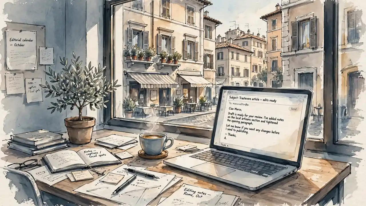 Ufficio editoriale italiano con finestra e albero di oliva