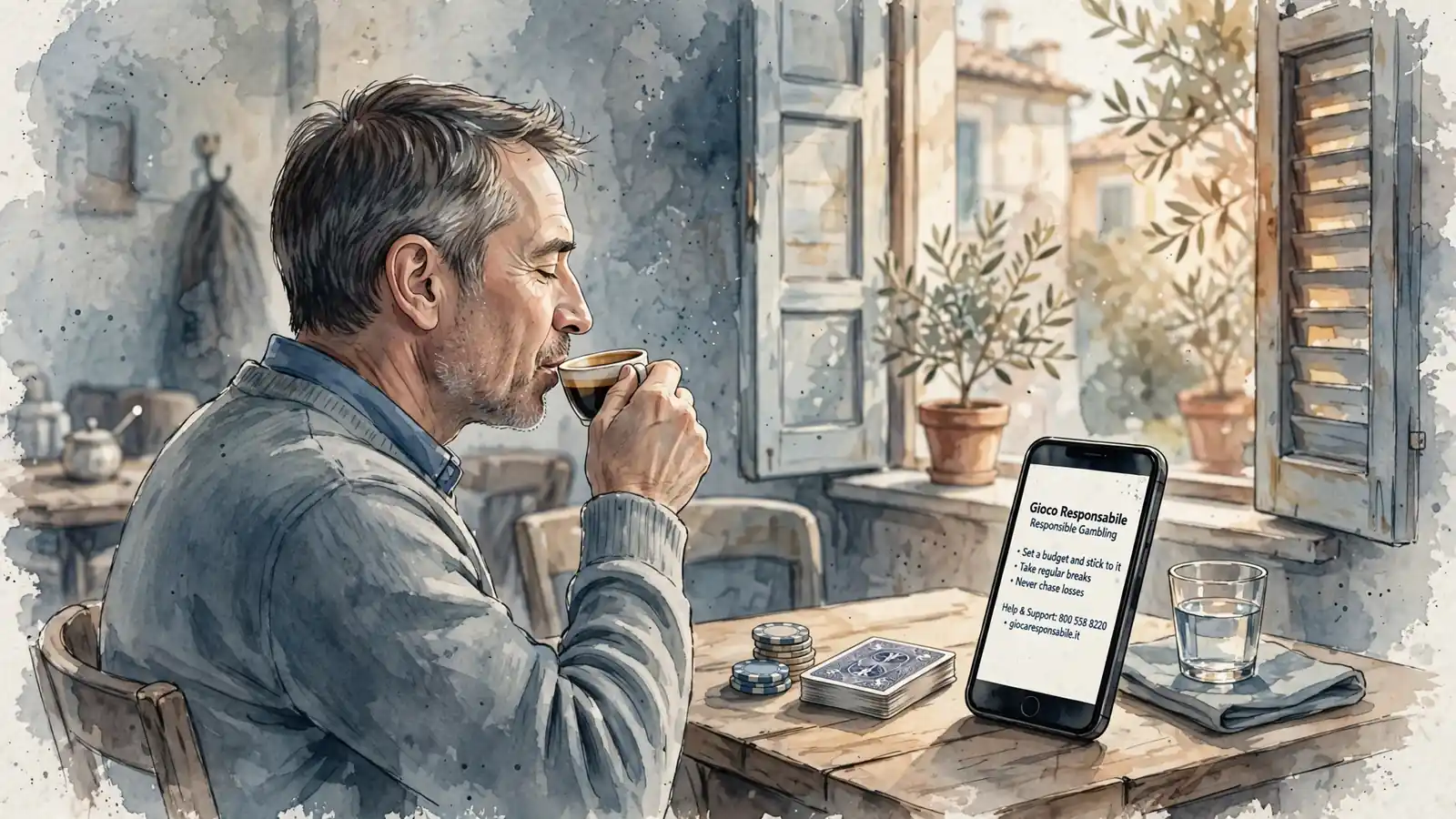 Persona che beve caffè con fiches e carte, luce naturale
