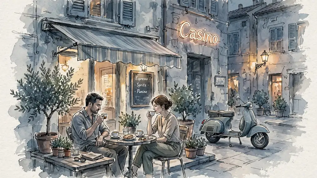 Caffè italiano al tramonto con insegna al neon "Casino"