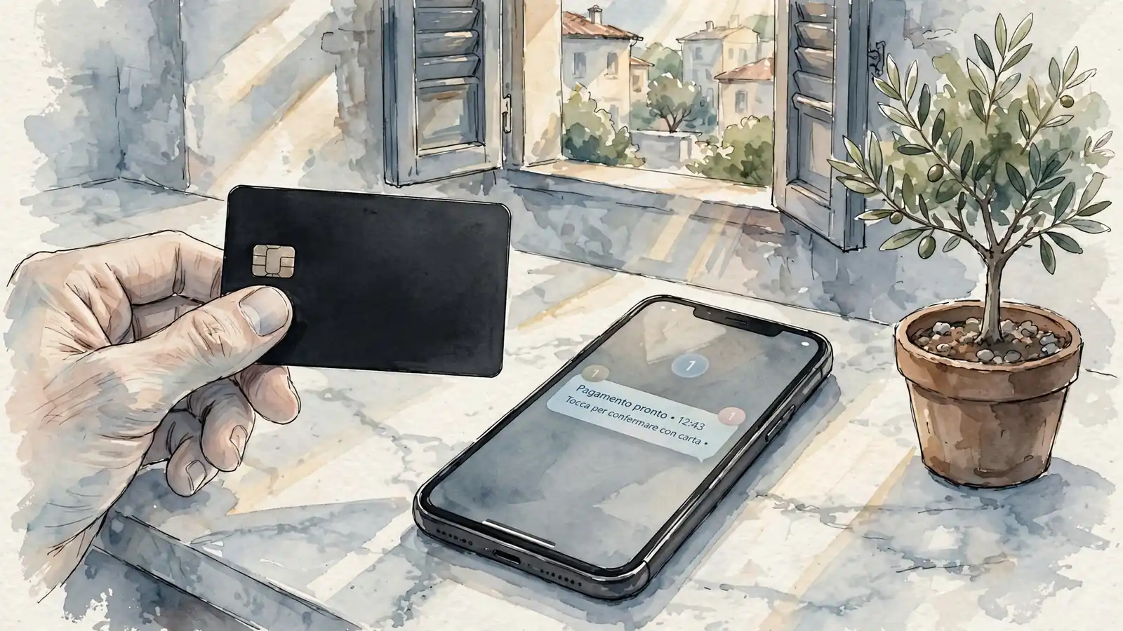 Mano con carta di credito e smartphone su tavolo di marmo