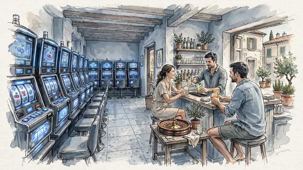 Sala giochi moderna con slot machine e ruota della roulette