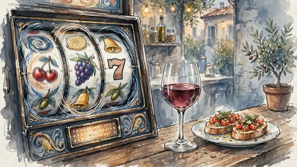 Rulli della slot machine in movimento su bancone con vino