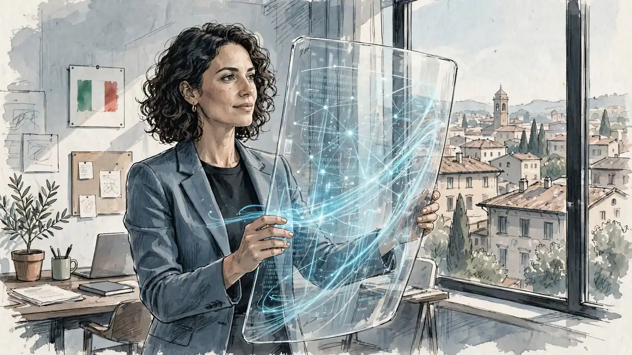 Donna italiana con scudo trasparente e dati luminosi