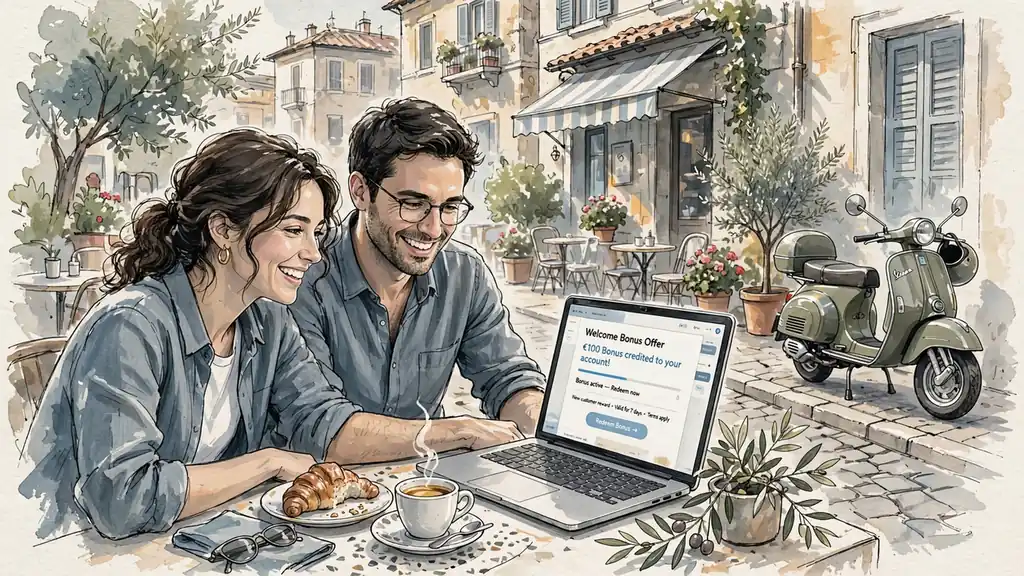 Coppia italiana al caffè con laptop e bonus benvenuto