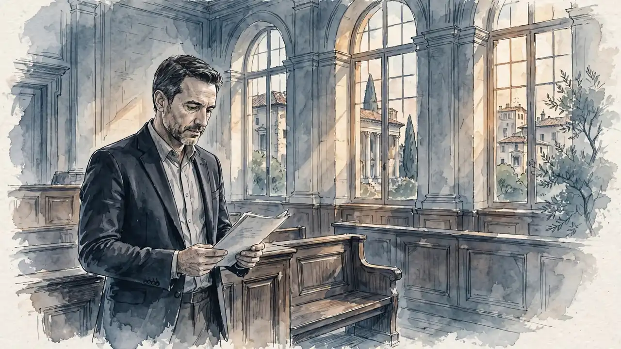 Avvocato italiano in aula legale con luce pomeridiana